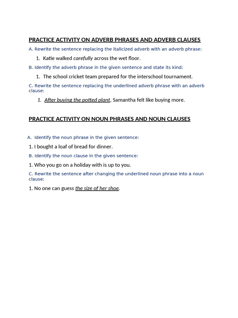 Adverb and Noun Phrase Practice Activity | PDF