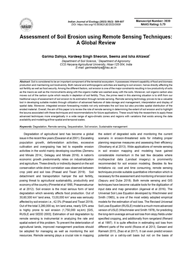 Remote Sensing for Soil Erosion Assessment | PDF | Erosion | Surface Runoff