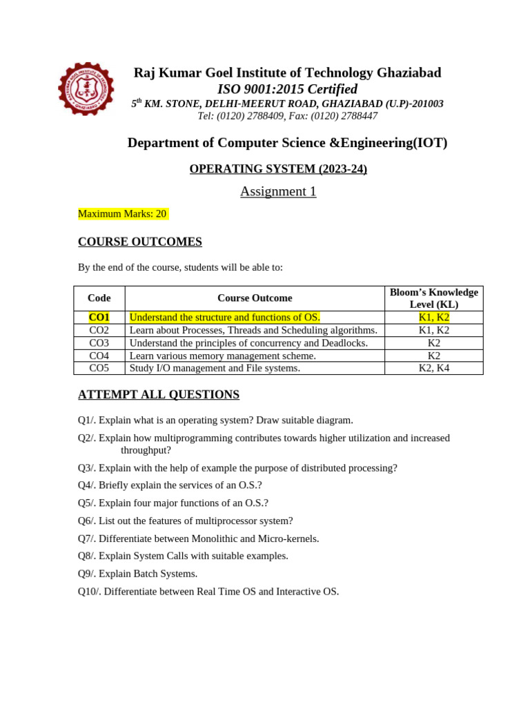 Operating System Assignment 2023-24 | PDF