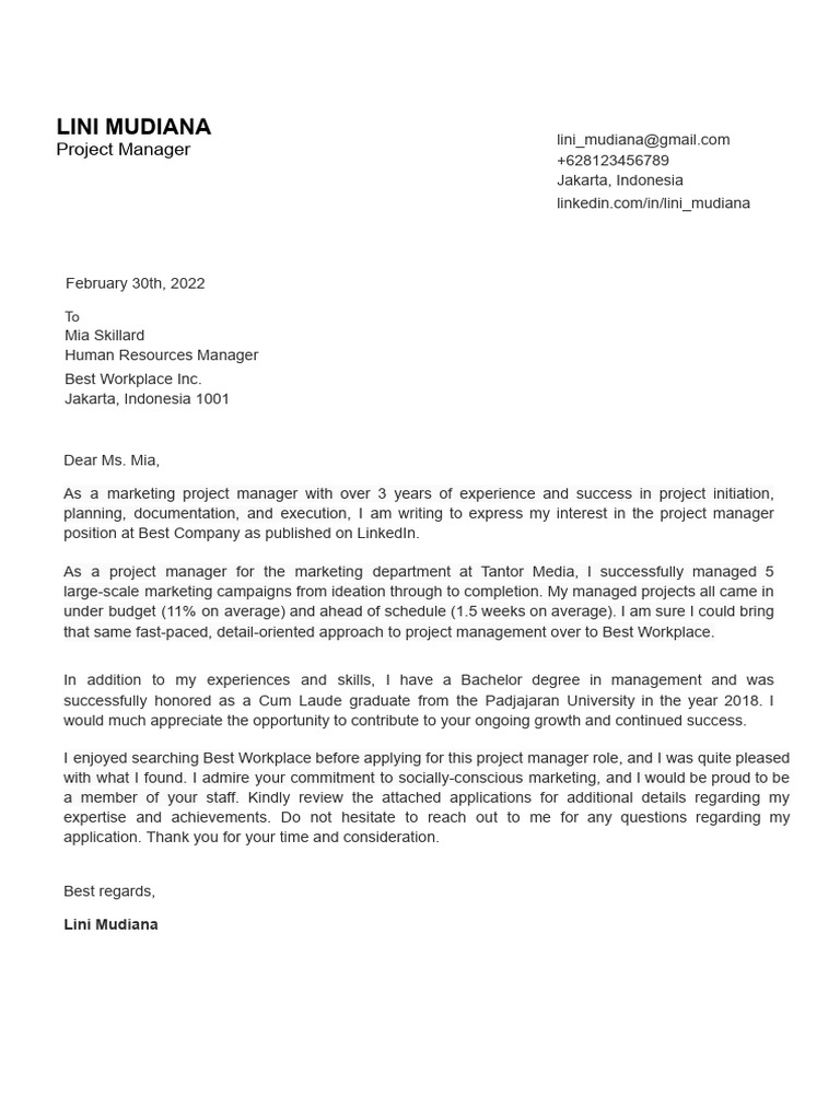 Cover Letter - Project Manager | PDF