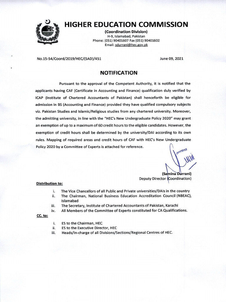 HEC CAF Notification | PDF