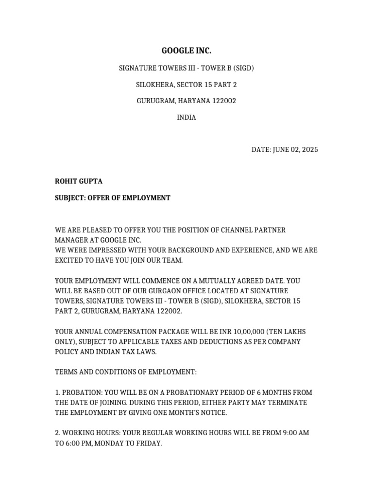 Google Employment Offer Letter | PDF