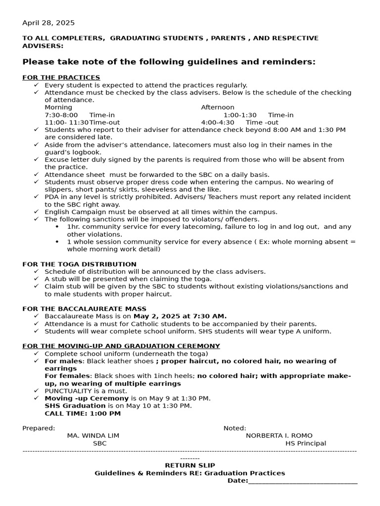 Guidelines & Reminders RE Graduation Practices | PDF | Human Appearance ...