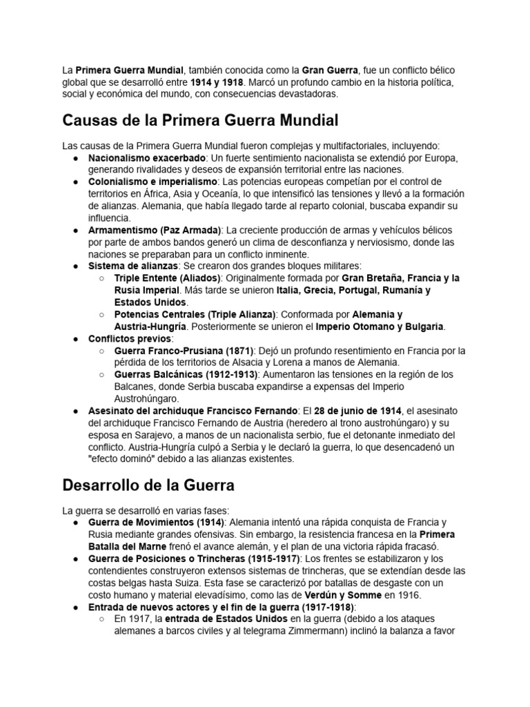 Causas y Consecuencias de la Primera Guerra Mundial | PDF | Primera ...