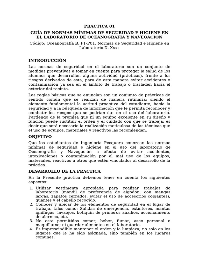 Oceanografía B. P1-P01. Normas de Seguridad e Higiene en Laboratorio ...