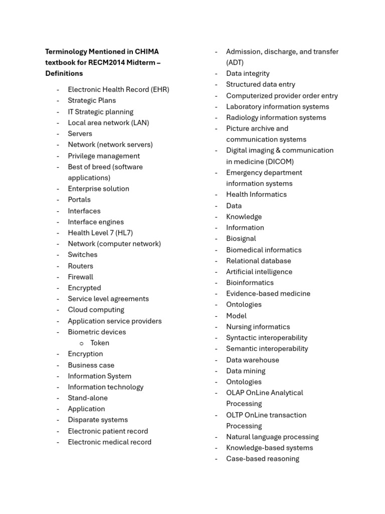 Terminology Mentioned in CHIMA Textbook For RECM2014 Midterm | PDF ...