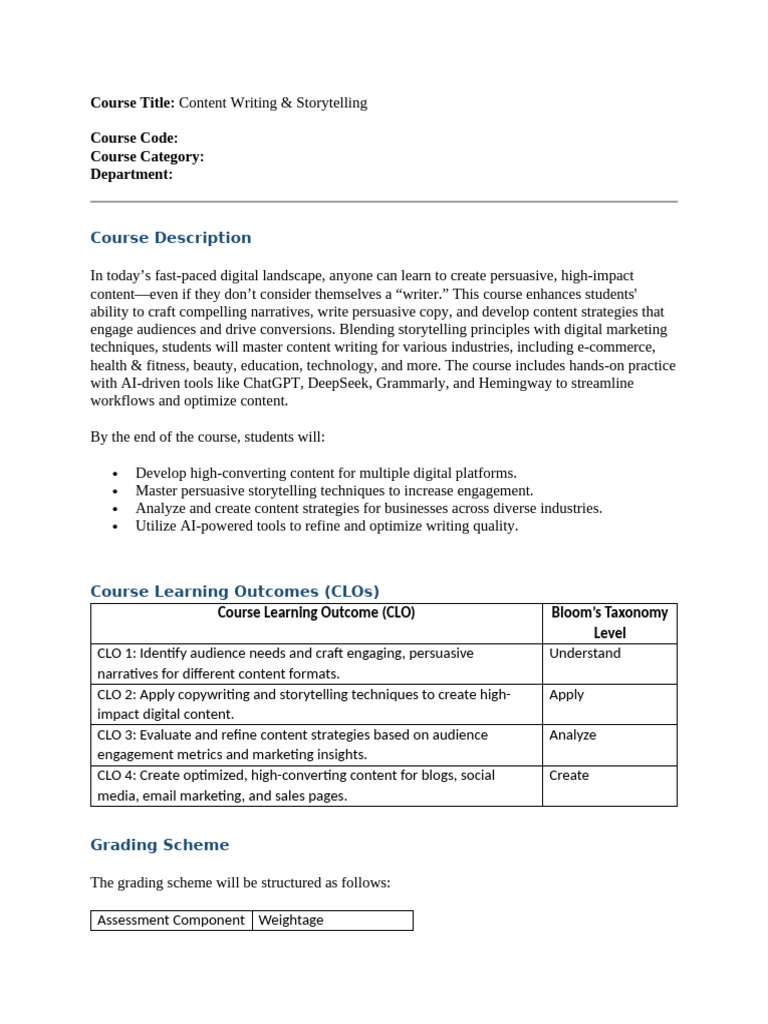 Content Writing & Storytelling Course | PDF | Educational Technology ...