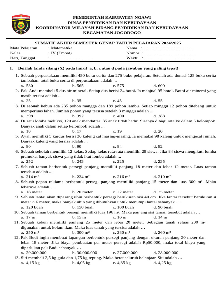 Soal Matematika Kelas 4 Semester Genap | PDF