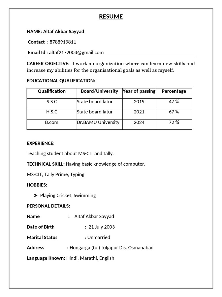 Altaf Akbar Sayyad Resume | PDF