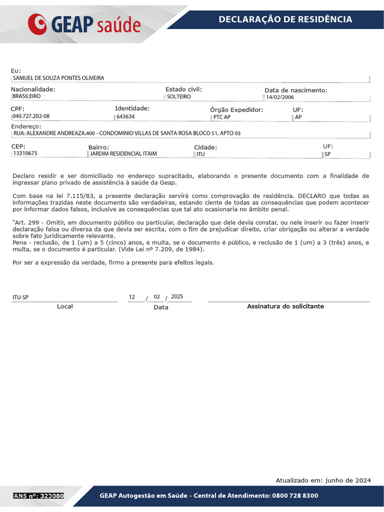 Declaração de Residência para Geap | PDF | Justiça | Crime e Violência