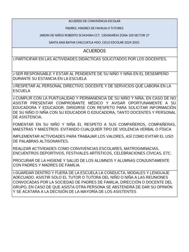 Acuerdo de Convivencia Escolar 2024-2025 | PDF | Escuelas | Educación ...