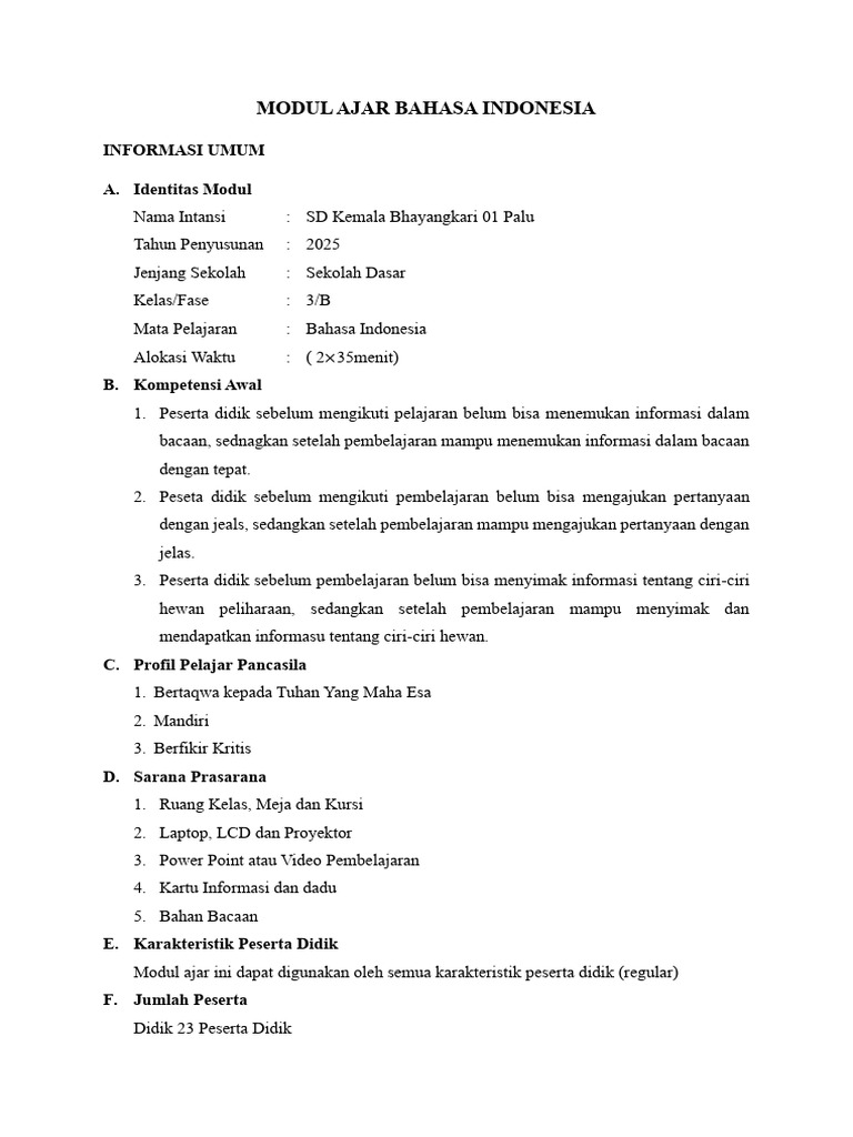 Modul Ajar Bahasa Indonesia Kelas 3 SD | PDF