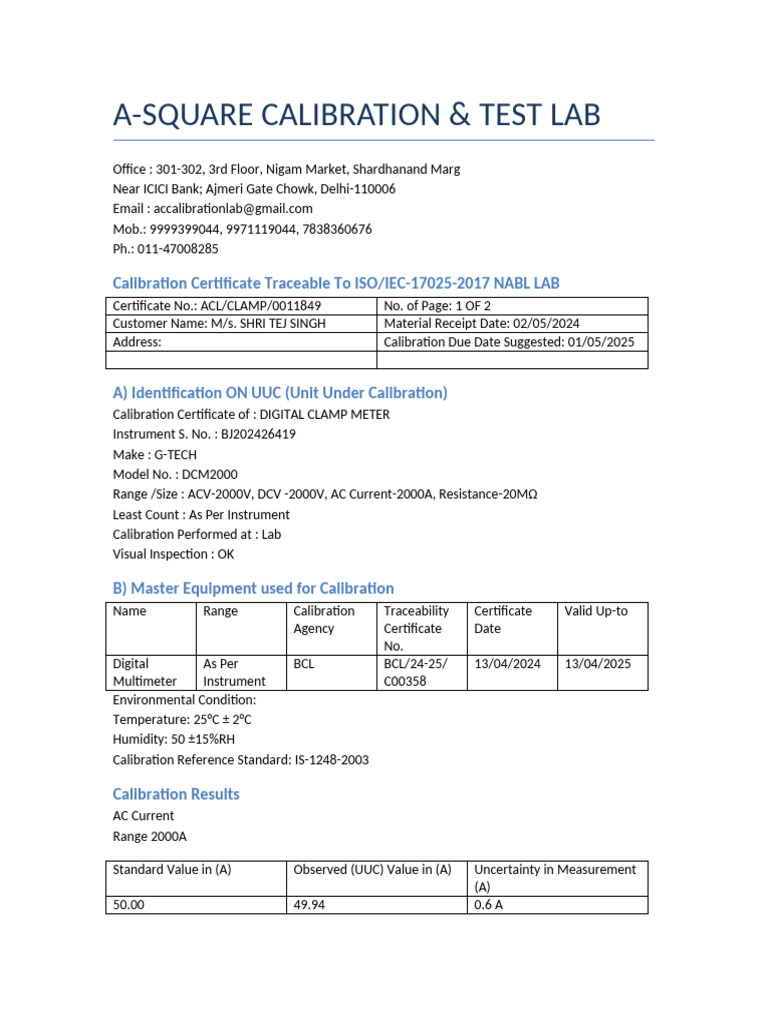 Digital Clamp Meter Calibration Report | PDF