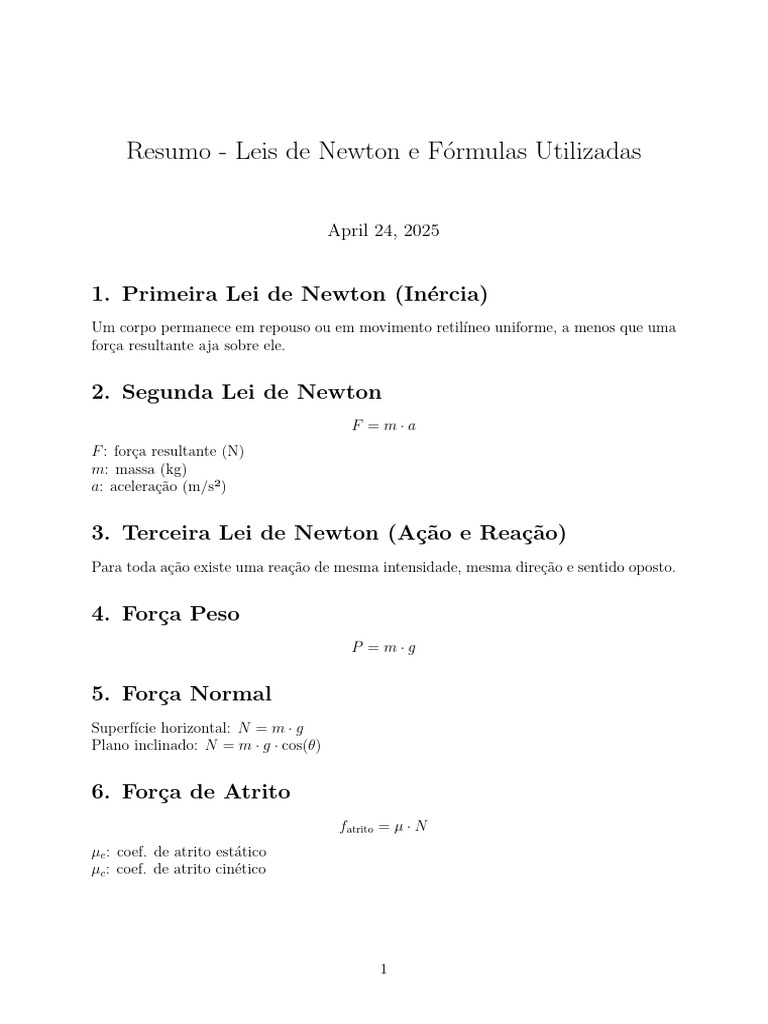 Resumo das Leis de Newton e Fórmulas | PDF