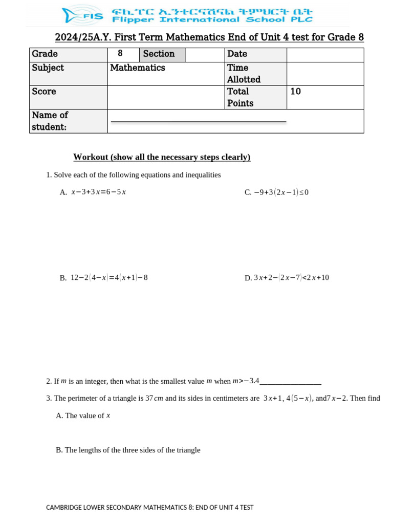 Grade 8 Math End of Unit 4 Test | PDF