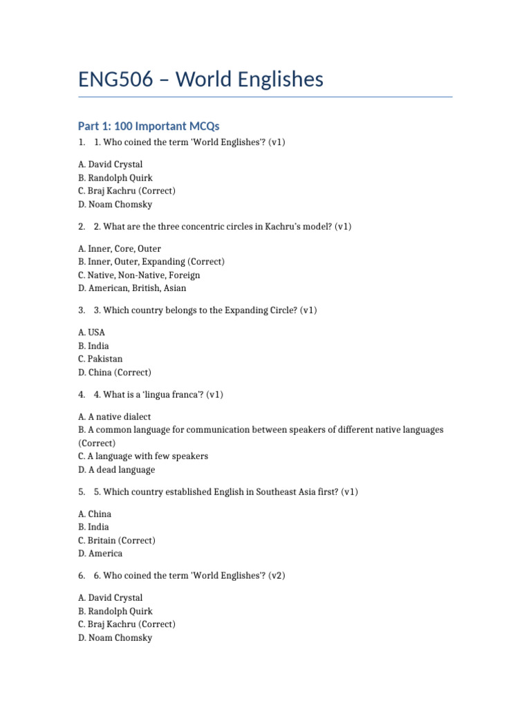 World Englishes: 100 Key MCQs | PDF | English Language | English As A ...