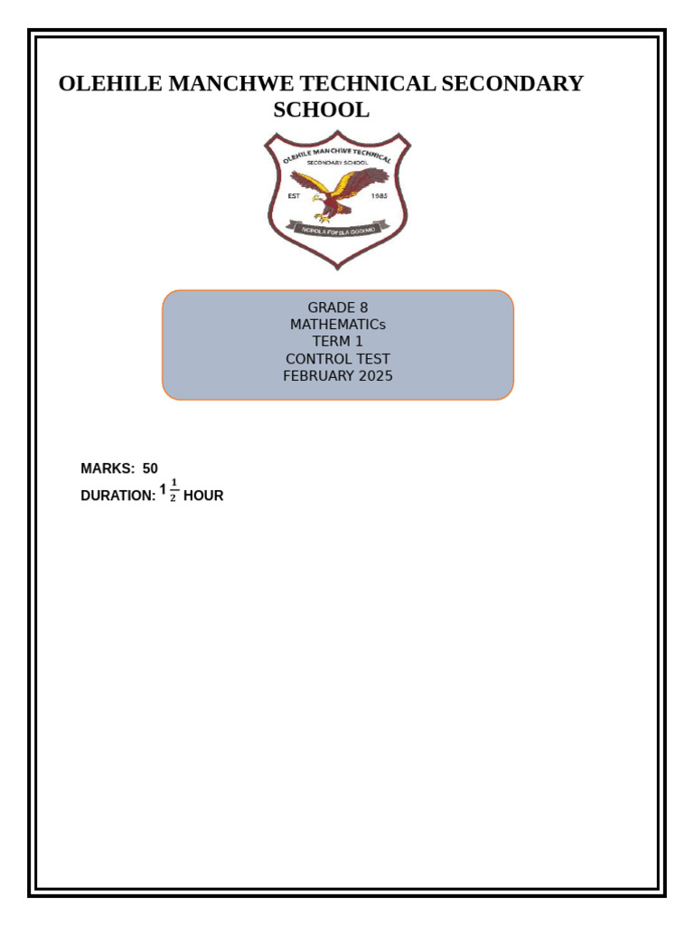 Grade 8 Term 1 Math Test 2025 | PDF | Mathematics