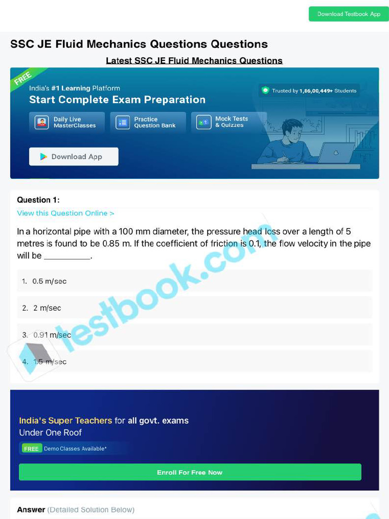 SSC Je Fluid Mechanics Questions 64c74e7a3b199b26973daaa6 | PDF
