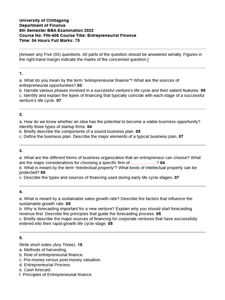 Entrepreneurial Finance Exam Questions | PDF | Venture Capital ...