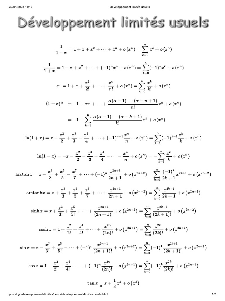 Développements Limités Usuels en Mathématiques PDF Hyperbolic — free download