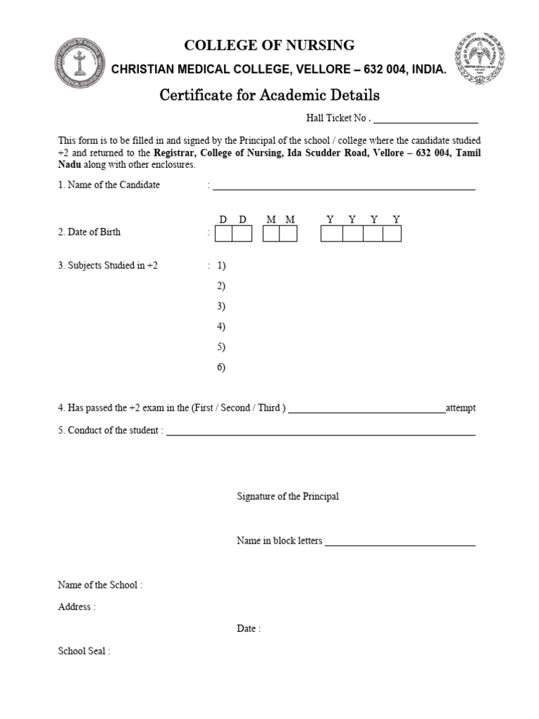 Nursing College Academic Certificate Form | PDF