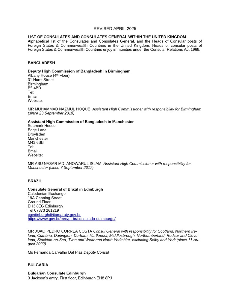 UK Consulates and Heads 2025 List | PDF | Diplomacy