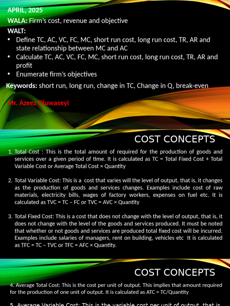 Firm's Cost, Revenue and Objectives | PDF | Marginal Cost | Average Cost