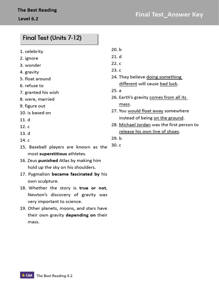TBR 6.2 - Final Test - Answer Key | PDF