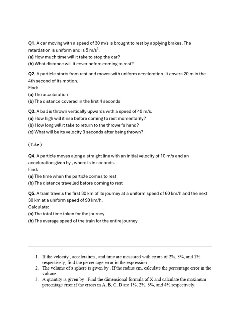 Physics Problems on Motion and Errors | PDF | Acceleration | Velocity