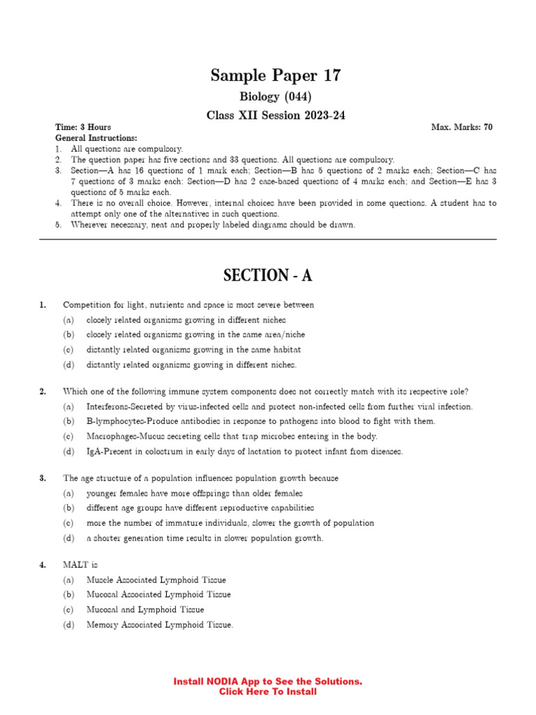 By Sample Paper 17 Unsolved | PDF | Operon | Biology