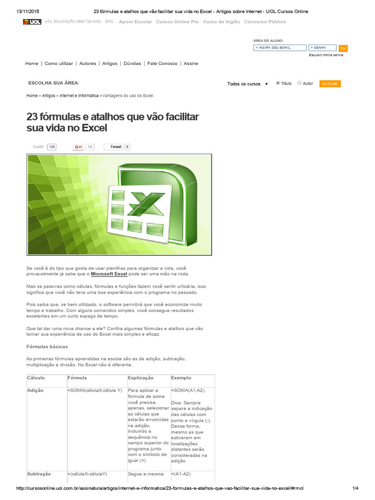 23 Fórmulas e Atalhos Que Vão Facilitar Sua Vida No Excel - Artigos ...