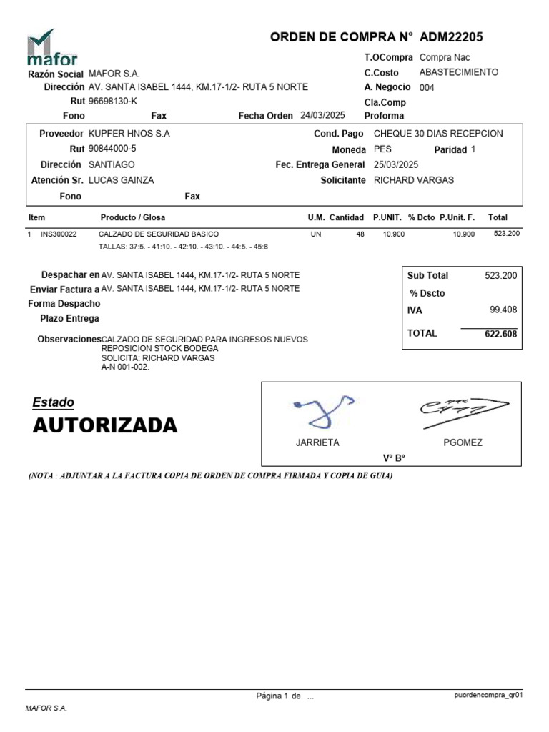 Orden de Compra MAFOR S.A. 2025 | PDF