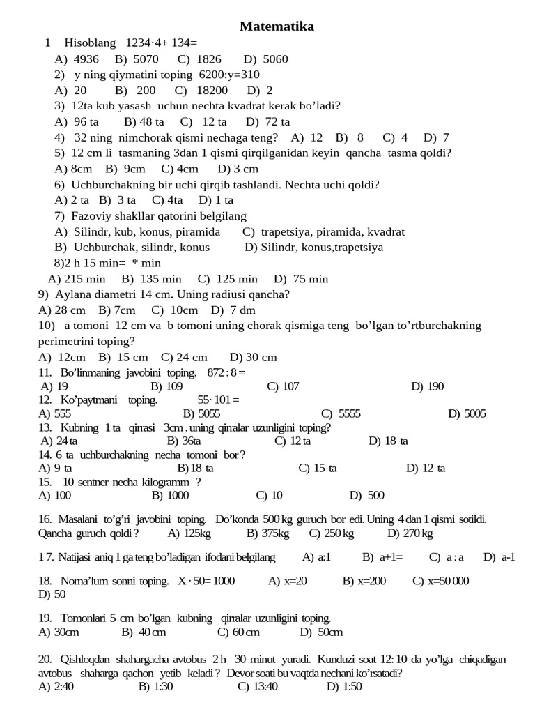 3-sinf Matematika Test Savollari | PDF