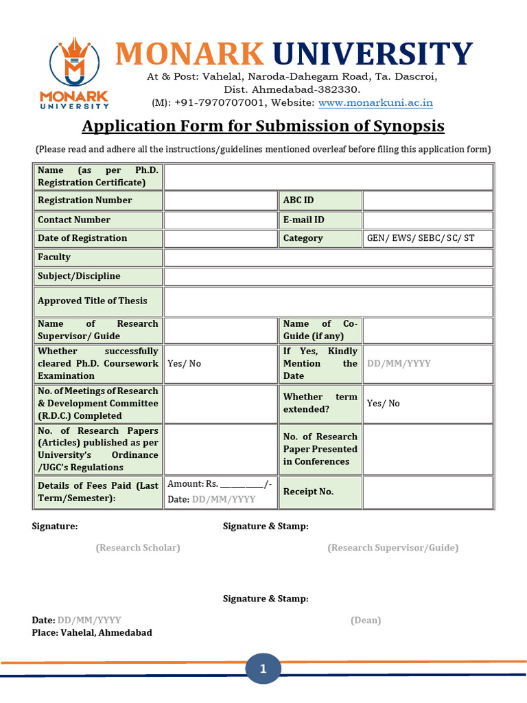 Files - Synopsis Submission Form | PDF | Doctor Of Philosophy | Thesis