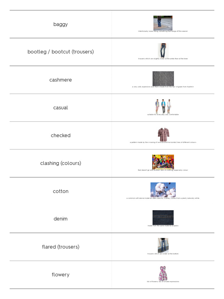 Clothing Adjectives Explained | PDF | Clothing | Trousers
