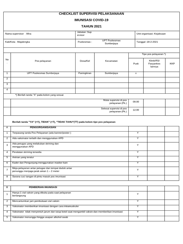 Checklist Supervisi Imunisasi COVID-19 2021 | PDF