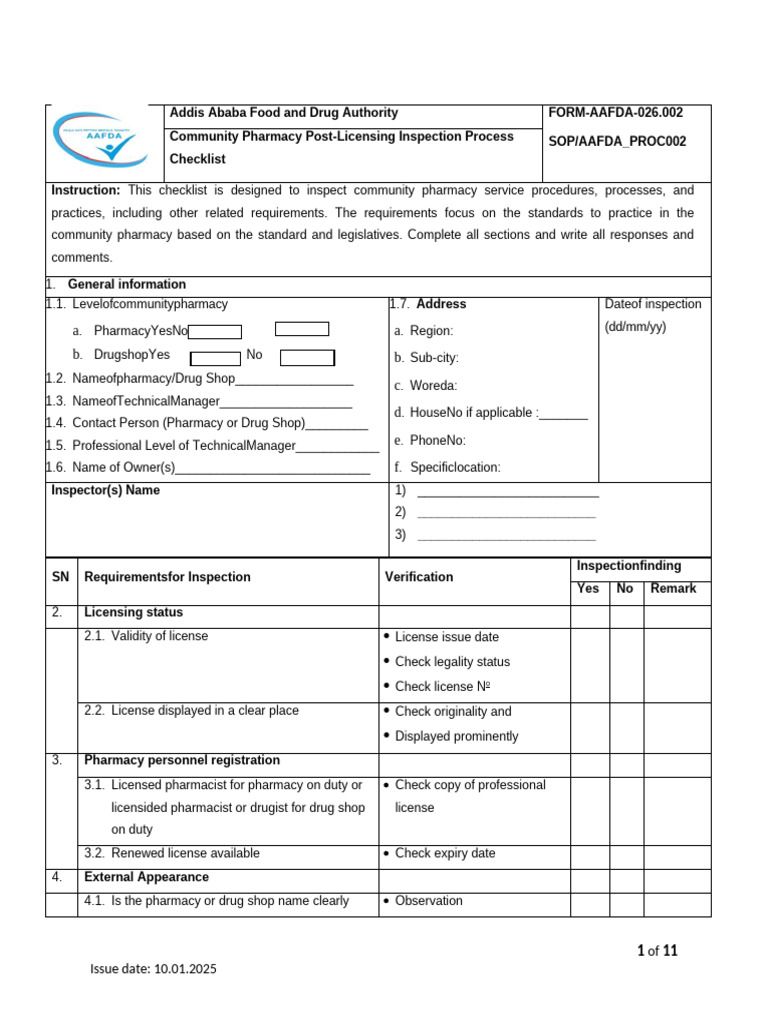 Community Pharmacy Inspection Checklist | PDF | Medical Prescription ...