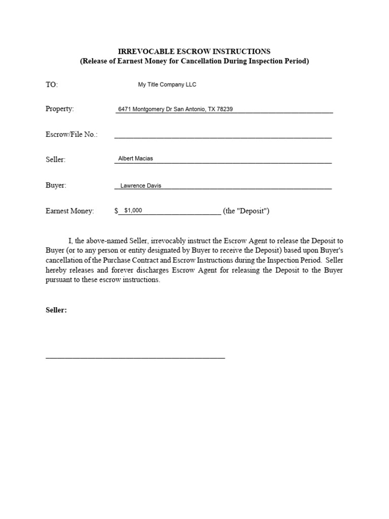 Escrow Instructions Release of EMD During Inspection Revised June 8 ...