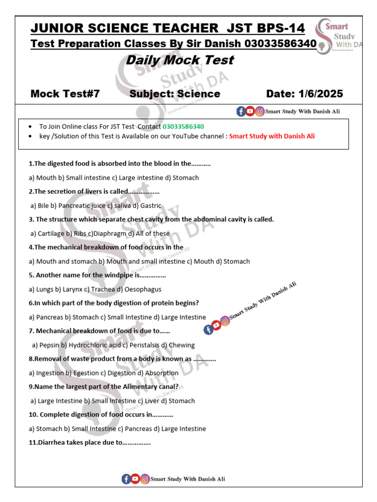 Mock Test 7 JR Science Teacher Test | PDF | Heart | Atrium (Heart)