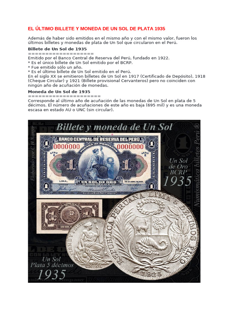 El Ultimo Billete y Moneda de UN SOL 1935 | PDF