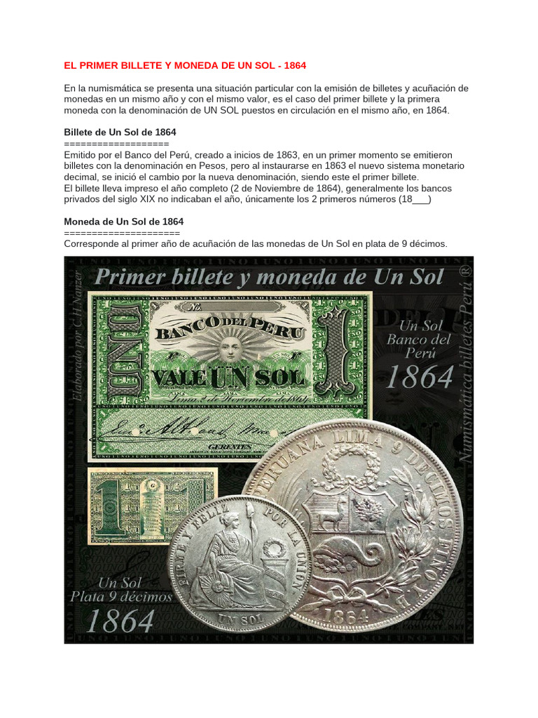 Primer Billete y Moneda de Un Sol 1864 | PDF