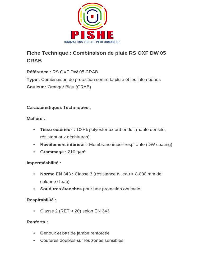 Combinaison de pluie RS OXF DW 05 CRAB | PDF