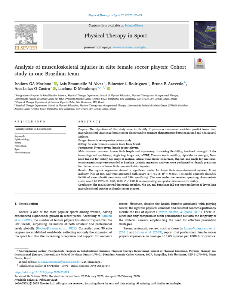 Analysis of Musculoskeletal Injuries in Elite Female Soccer Players ...