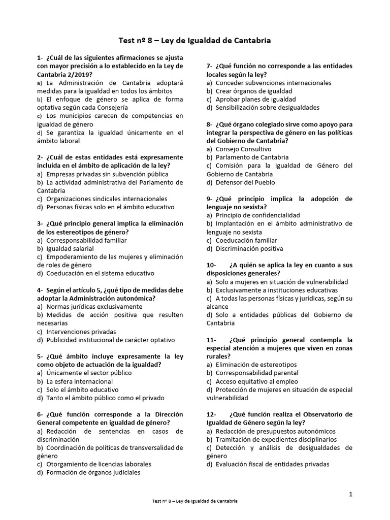 Test Ley de Igualdad Cantabria 2019 | PDF | Igualdad de género ...