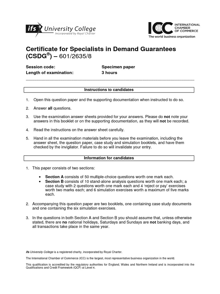 CSDG® Exam Specimen Paper | PDF | Letter Of Credit | Guarantee