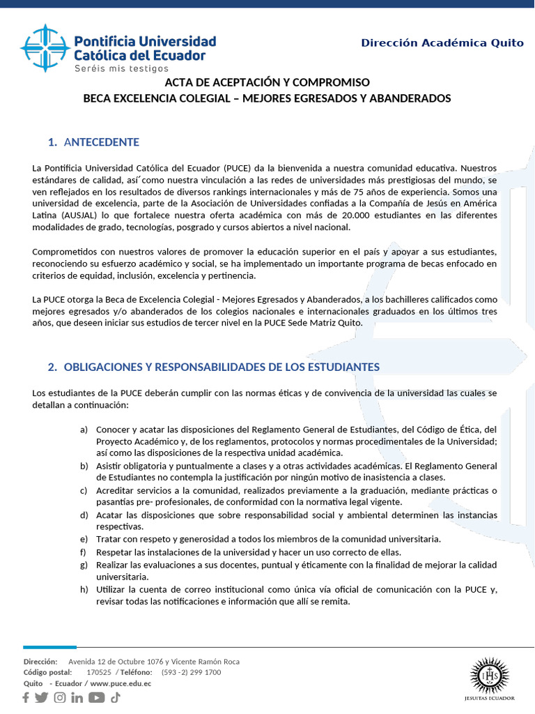 Beca Excelencia Colegial PUCE: Condiciones y Compromisos | PDF ...