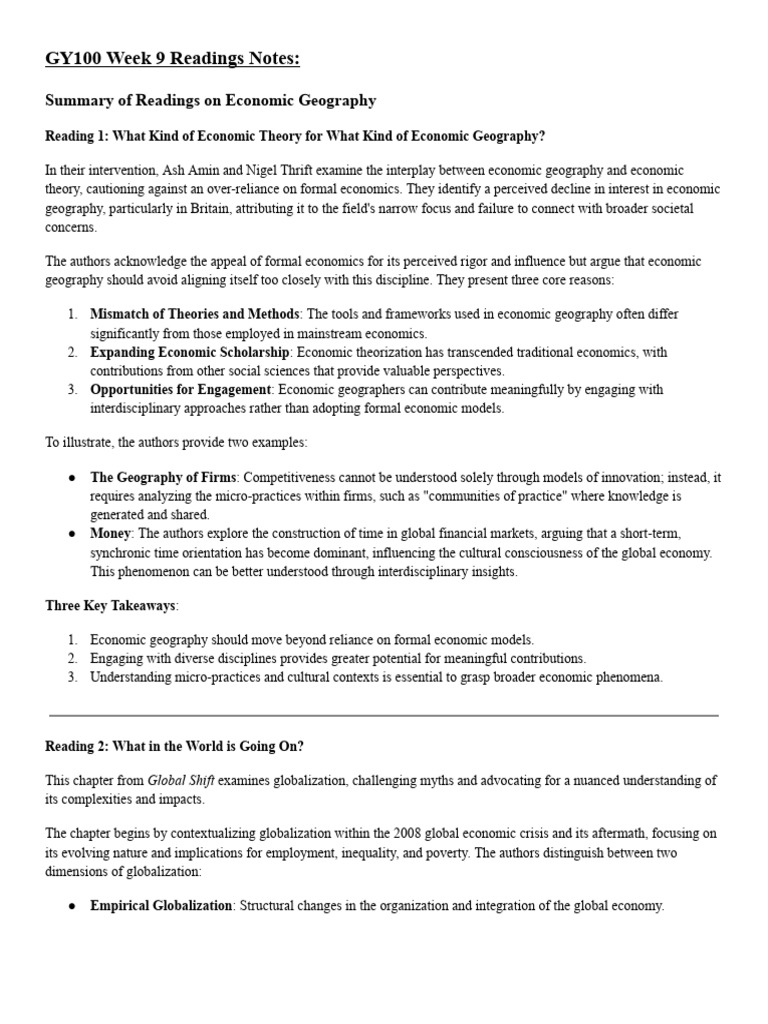 GY100 Economic Geography Readings' Notes | PDF | Institution | Governance