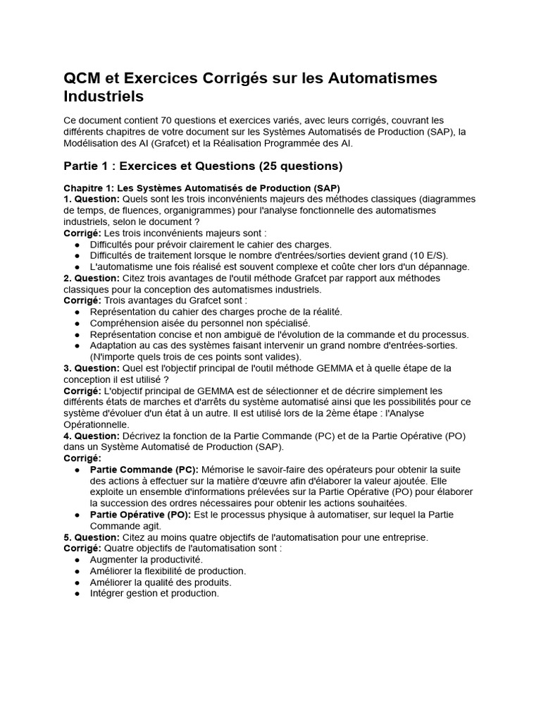 QCM et Exercices sur Automatismes Indus. | PDF | Automate programmable ...