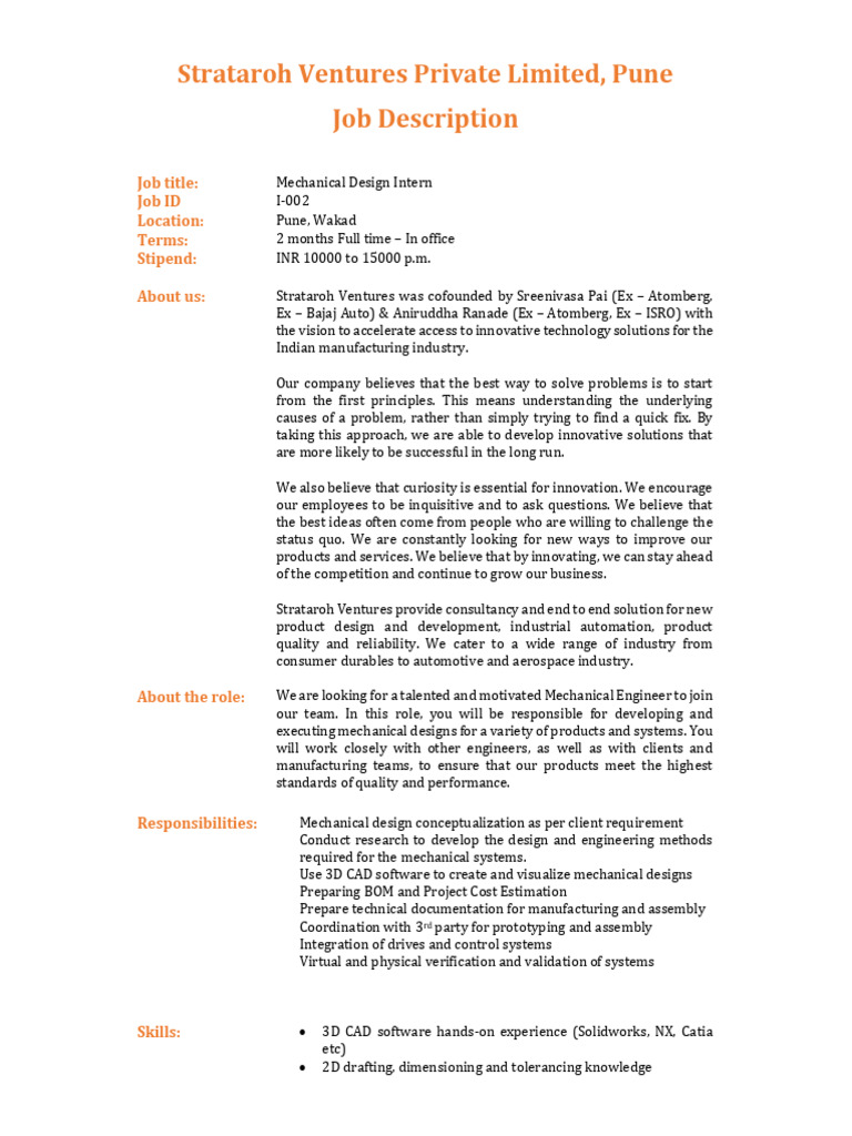 Mechanical Design Intern Position in Pune | PDF | Computer Aided Design ...