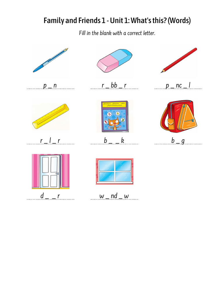 Family and Friends 1 - Unit 1: What's This? (Words) : P - N R - BB - R ...